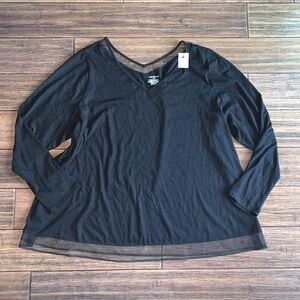 Lane Bryant Black V-Neck Mesh Trim Top